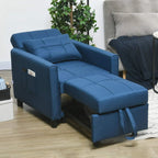 Blue linen-look single chair bed with extended ottoman-style seat and tufted back cushions