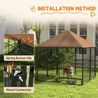 Outdoor dog playpen kennel with brown canopy and metal connecting clips