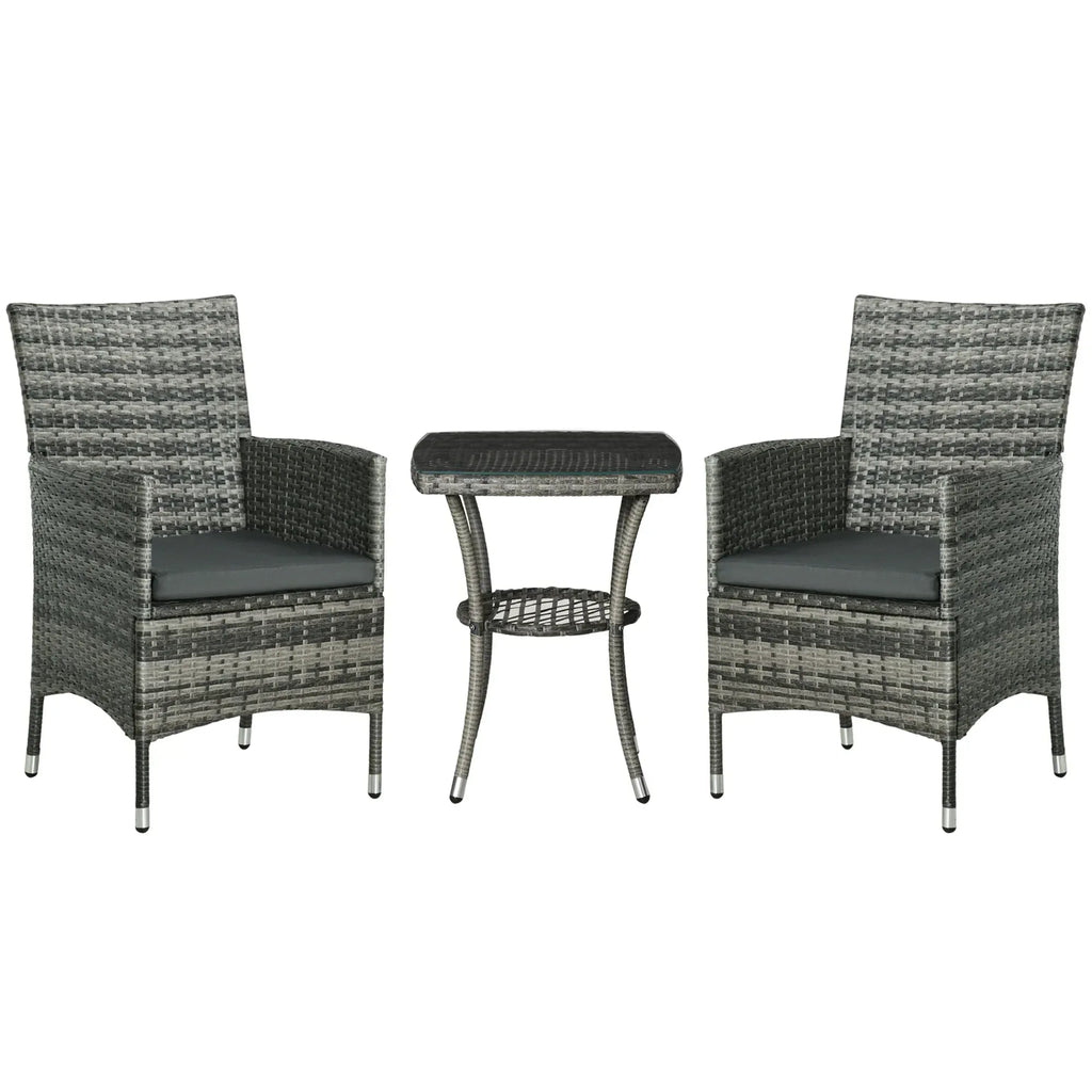 3 Pieces Rattan Bistro Set, Wicker Garden Furniture Set with 2-Tier Coffee Table and Chairs, Washable Cushions, for Outdoor Patio Balcony, Mixed Grey - Bobobiy