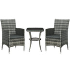 Mixed grey rattan bistro set: two chairs with seat cushions and small two-tier table