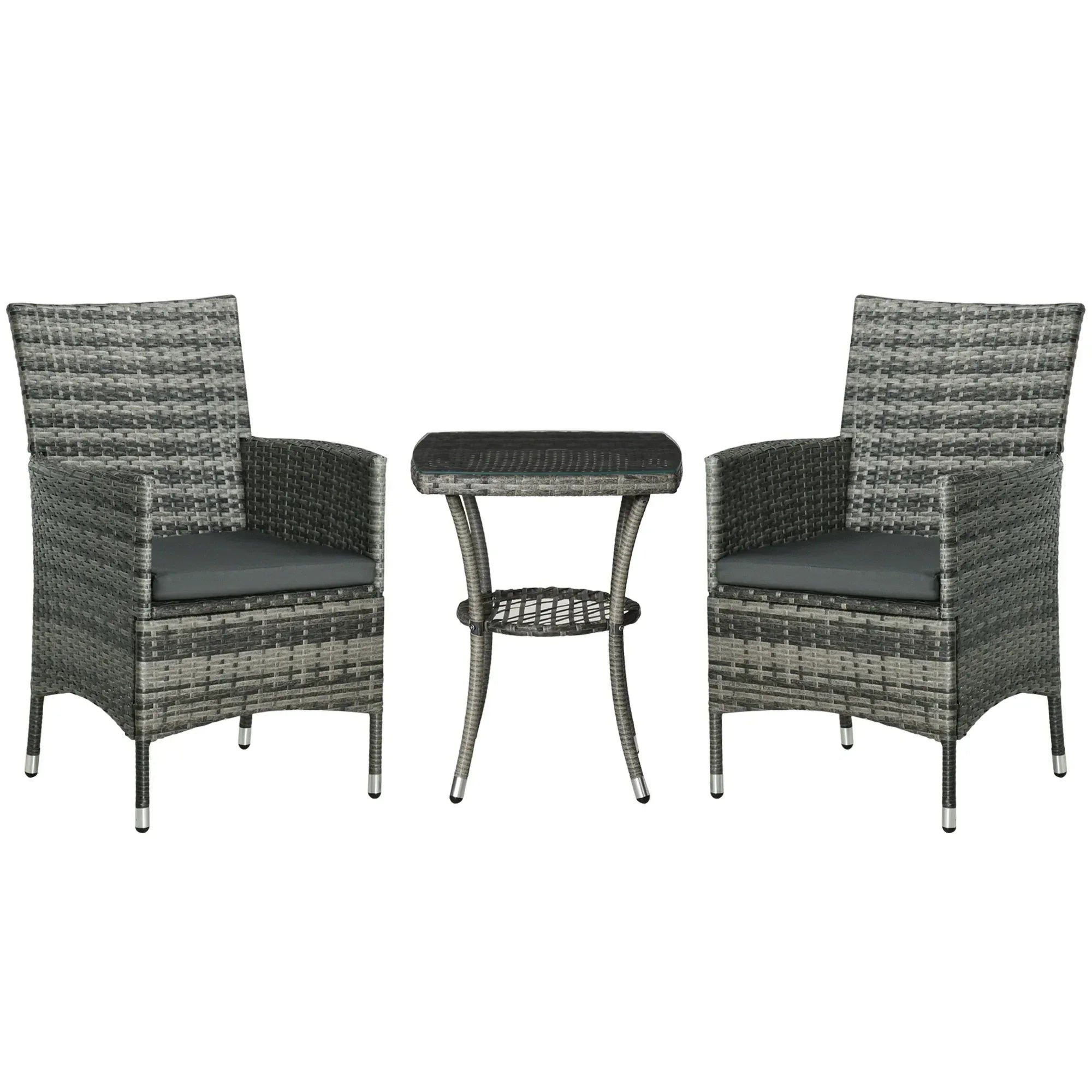 3 Pieces Rattan Bistro Set, Wicker Garden Furniture Set with 2-Tier Coffee Table and Chairs, Washable Cushions, for Outdoor Patio Balcony, Mixed Grey - Bobobiy