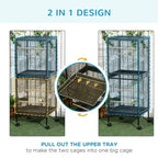 Two-tier bird cage with pull-out upper tray that combines into one large cage