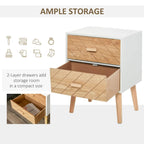 White bedside cabinet with two open drawers and natural wood interiors, pine legs