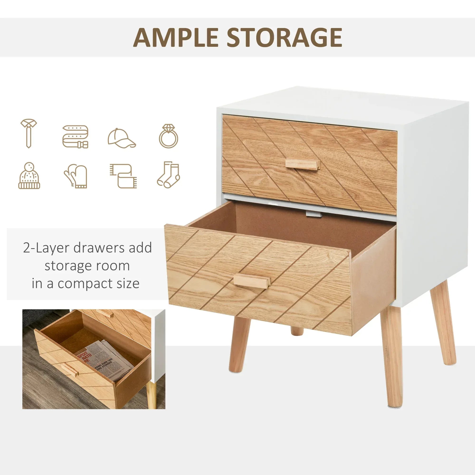 2 Drawers Bedside Table with Pine Legs, Bedroom Wooden Storage Cabinet, Natural - Bobobiy