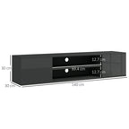 Grey floating TV stand cabinet dimensions view, with open media shelf and storage doors