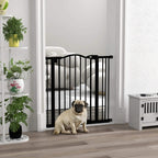 Black adjustable pet gate installed in a doorway with an auto-close door and a seated dog