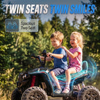 Kids electric 2-seat quad bike in black, twin riders on two seats, off-road tires