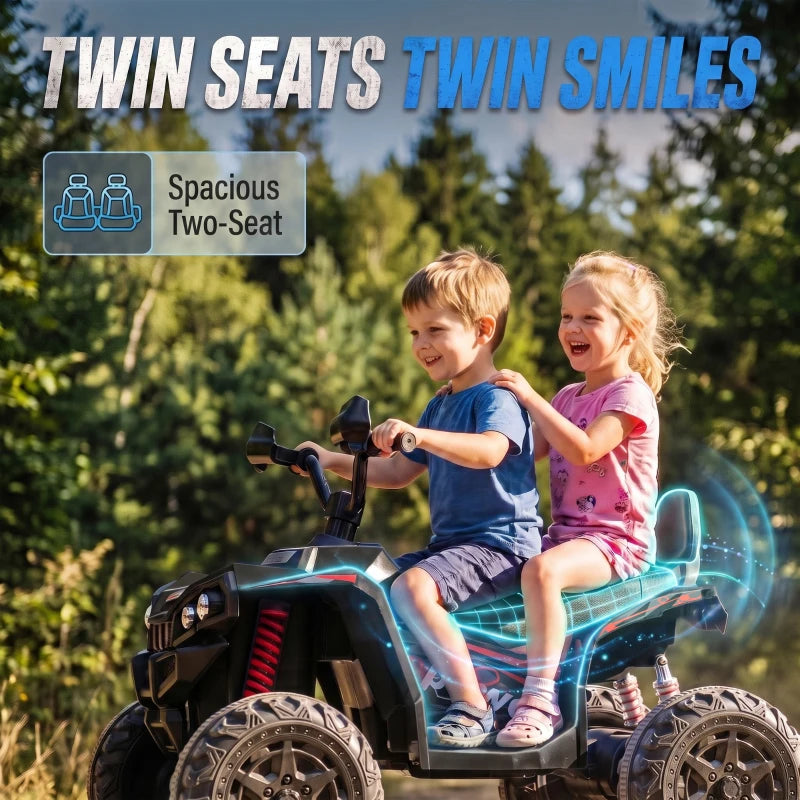 Kids electric 2-seat quad bike in black, twin riders on two seats, off-road tires