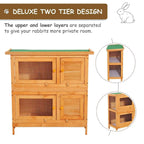 Two-tier wooden hutch with two front wire-mesh windows and wooden panel doors