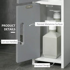 Cabinet door with cut-out handle and painted melamine inner shelf space for bathroom items