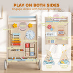 Wooden baby walker with double-sided activity panel: mirror, clock, beads