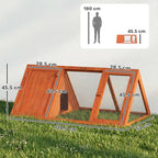 Orange wooden rabbit hutch with mesh sides, doors, and labeled dimensions