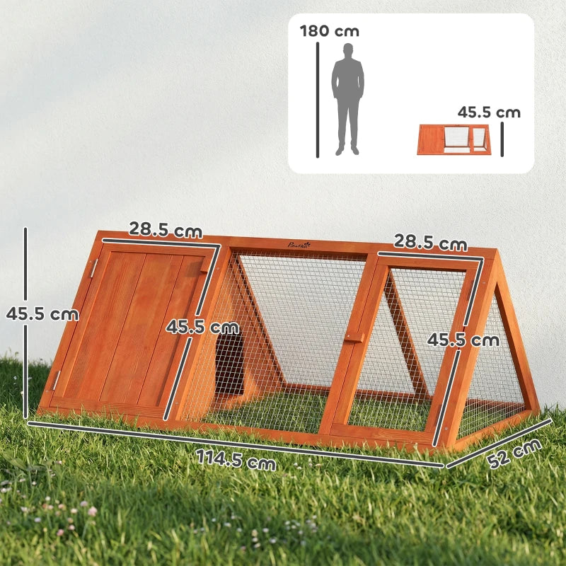 Orange wooden rabbit hutch with mesh sides, doors, and labeled dimensions