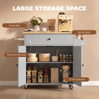 Grey rolling kitchen island with towel bar, spice rack, pull-out drawer, and 2-tier cabinet