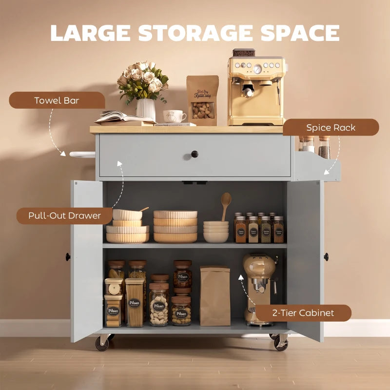 Grey rolling kitchen island with towel bar, spice rack, pull-out drawer, and 2-tier cabinet