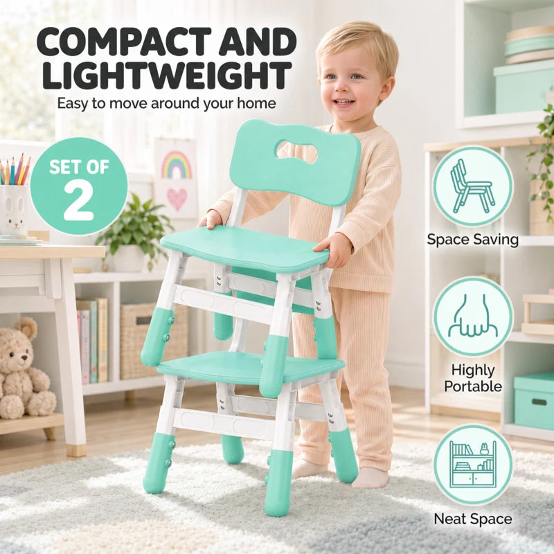 Green lightweight kids desk chair with backrest and white legs, child holding