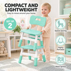 Green lightweight kids desk chair with backrest and white legs, child holding