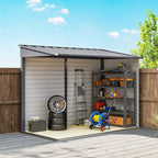 Grey metal garden shed interior with shelves holding tools and storage items