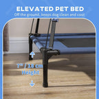 Raised blue pet bed with canopy and elevated legs, off-the-ground platform