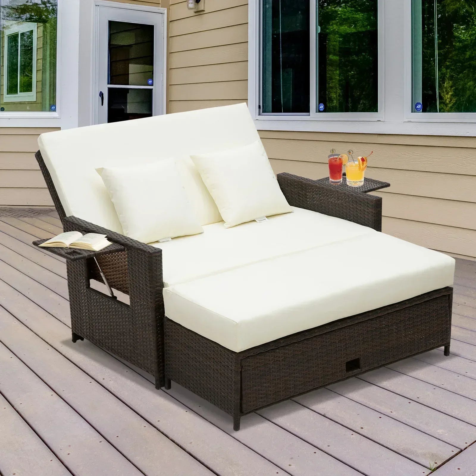 Rattan Sun Lounger 2 Seater Day Bed-Brown - Bobobiy