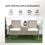 Grey rattan two-seat sofa with center table and white cushions, lantern on top