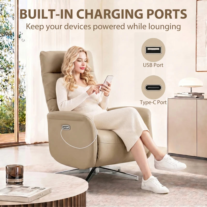 Brown electric recliner chair with built-in USB charging ports and side control panel