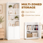 White bookcase with open shelving and double-door cabinet for multi-zone storage