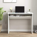 White wood-grain writing desk with open shelf and spacious tabletop for laptop use