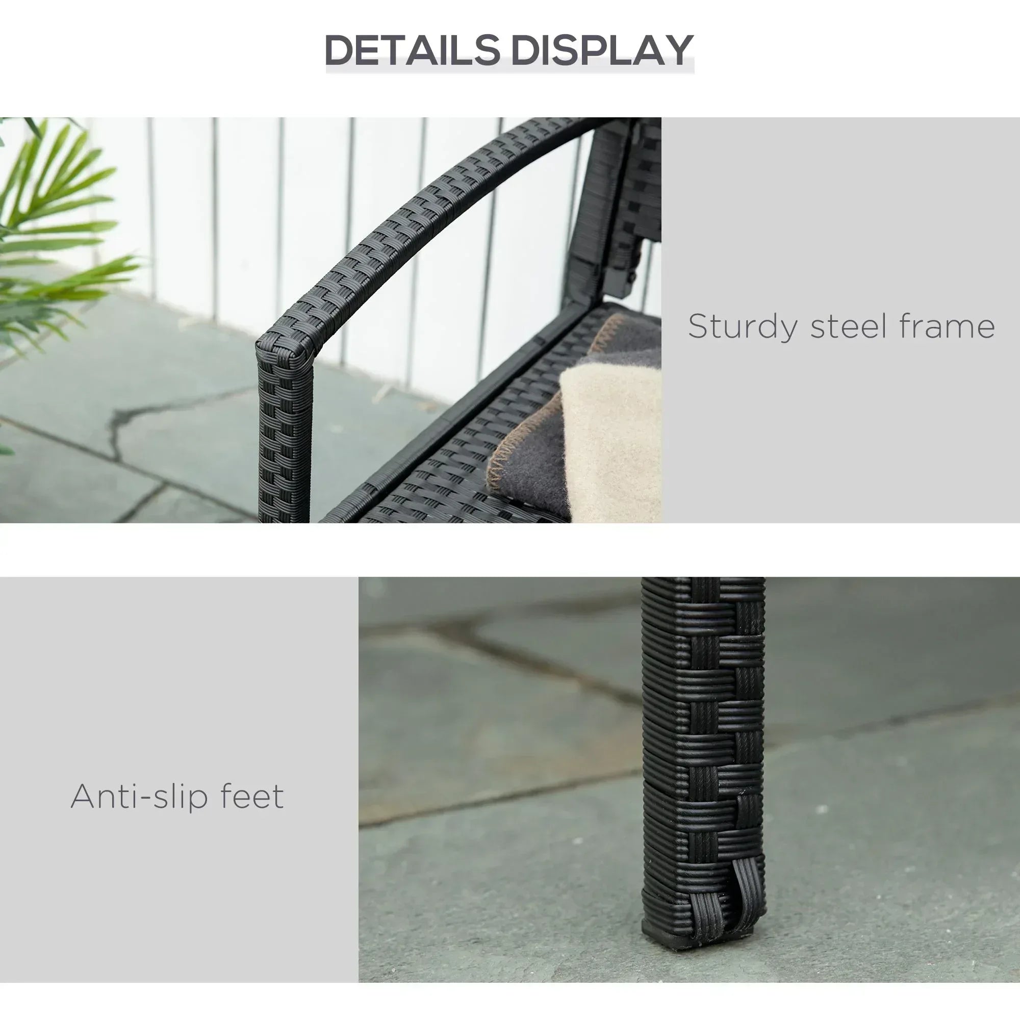 2 Seater Poly Rattan Garden Bench, All Weather Wicker Garden Loveseat, Outdoor Seating Bench with 240 Load Capacity, Backrest and Armrests for Patio, Terrace, Balcony, Black - Bobobiy