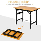 Foldable work bench with orange MDF top and black frame, fold-up storage base