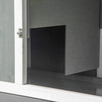 White wooden hutch door latch and hinge hardware on mesh panel enclosure