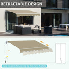 Retractable manual awning with khaki canopy and scalloped edge on white frame