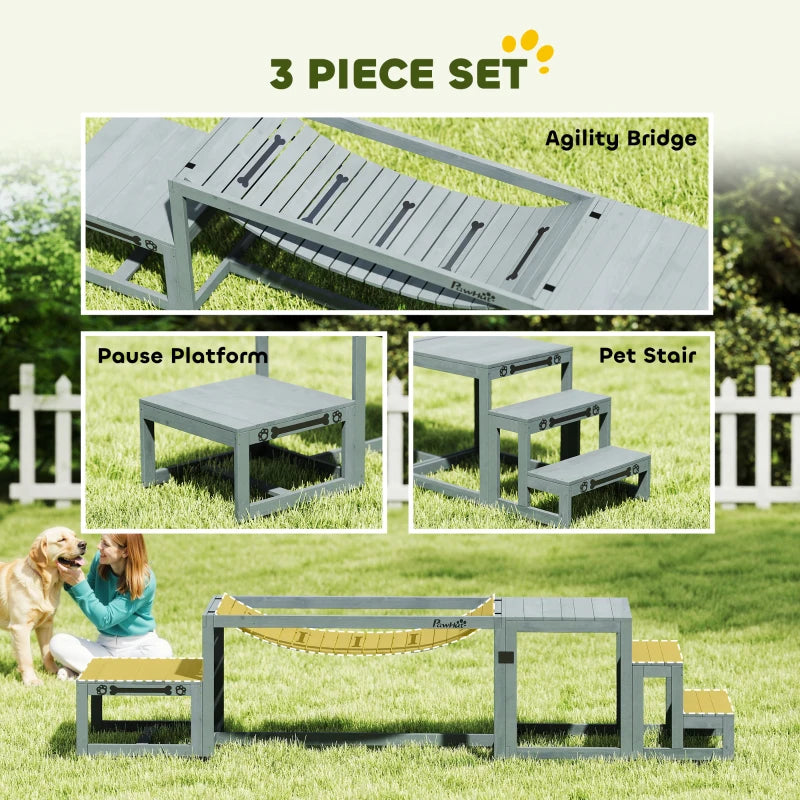 Grey 3-piece wooden dog agility set: bridge, pause platform, and pet stairs