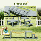 Grey 3-piece wooden dog agility set: bridge, pause platform, and pet stairs