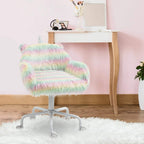 Side view of rainbow fluffy unicorn-themed office chair with armrests and swivel base