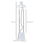 White upright garment steamer with height guide marks and telescopic pole