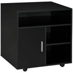 Black mobile printer stand cabinet with door, open shelf, and caster wheels