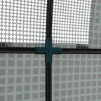 Close-up of green greenhouse mesh panel with black vertical support bar