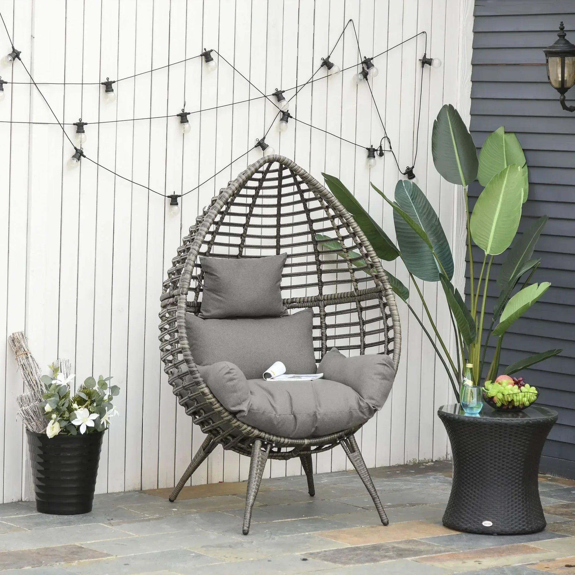Teardop PE Wicker Rattan Chair w/ Thick Cushions 4 Legs Outdoor Seat Egg Garden - Bobobiy