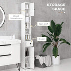 White slim bathroom cabinet with open shelf, closed compartments, and pull-out drawer.