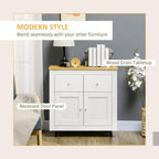 White sideboard cabinet with wood-grain tabletop and recessed door panels