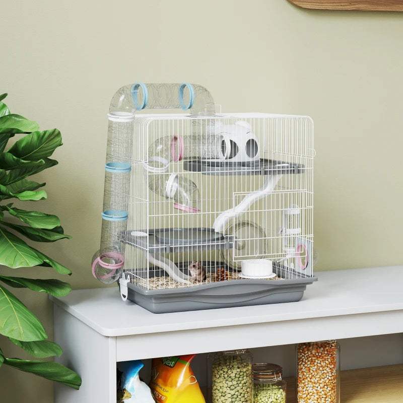Grey 3-tier hamster cage with exercise wheel, ramp, and wire levels.