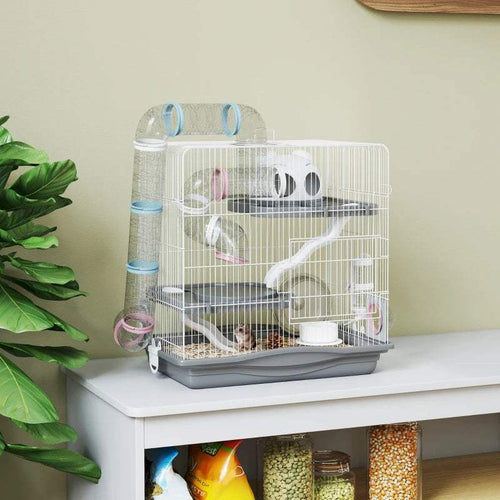Grey 3-tier hamster cage with exercise wheel, ramp, and wire levels.