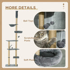 Grey cat tree tower showing ball toy, scratching posts, and soft plush hammock bed