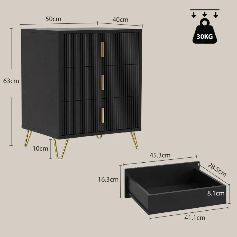 Black 3-drawer dresser with measurement diagram and open drawer interior, gold handles.