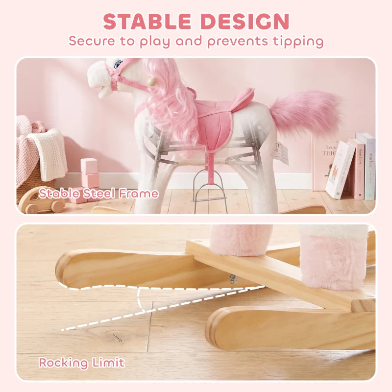 Unicorn rocking horse with sturdy frame and curved wooden runners, pink saddle