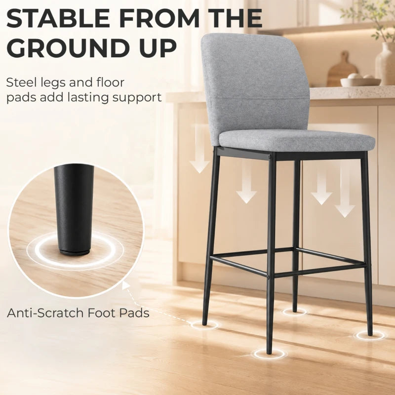 Grey bar stool with backrest; anti-scratch foot pads on black metal legs