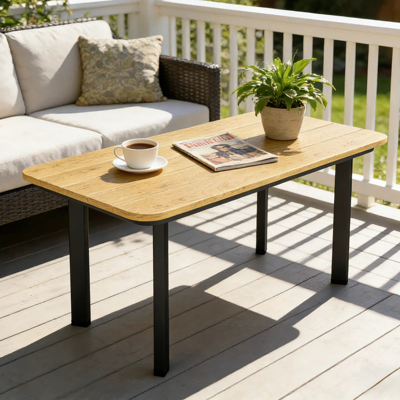 Outdoor coffee table with wood-toned slatted tabletop and dark metal legs