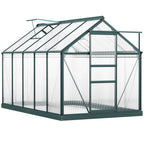 Dark green walk-in greenhouse with clear polycarbonate panels and aluminum frame, slide door