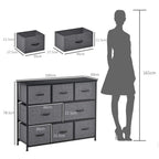 Dark grey chest of drawers with 8 fabric drawers shown in size diagram